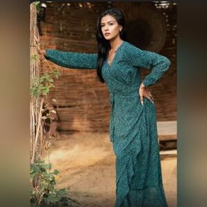 Urban modesty green ruffle wrap dress